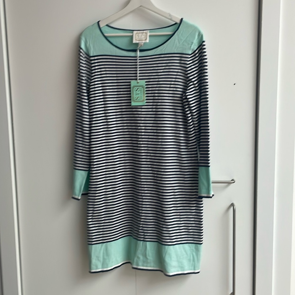 Sail To Sable Dress Knee Length Boatneck Long Sleeve Striped Stretch siz…